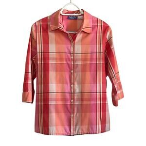 Paradise Bay Petite Size 10 Button Down Shirt Plaid Coral Pink